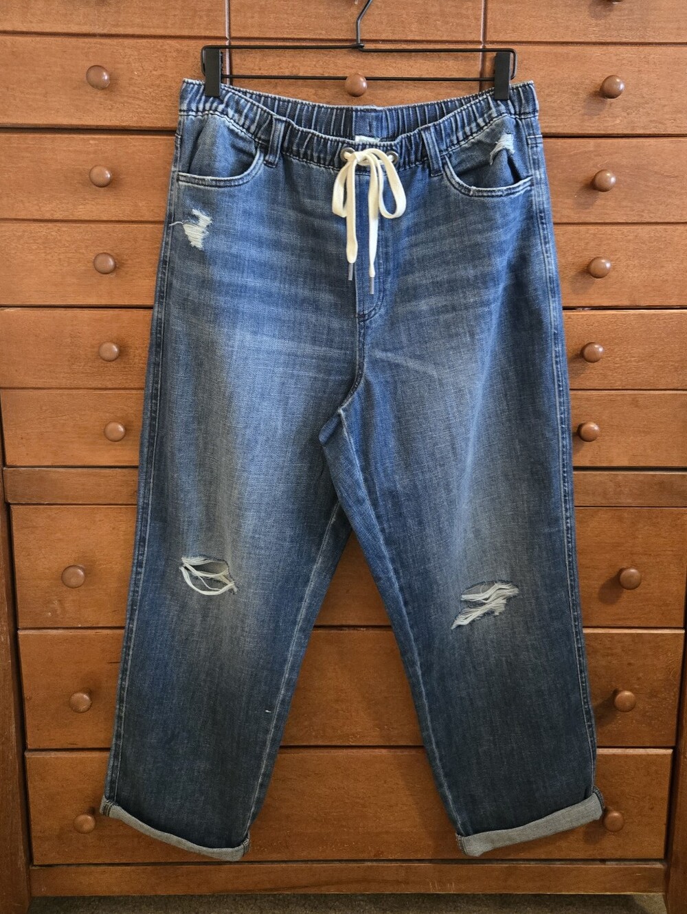 aerie Distressed Blue Boyfriend Jeans with Drawstring Sz Large